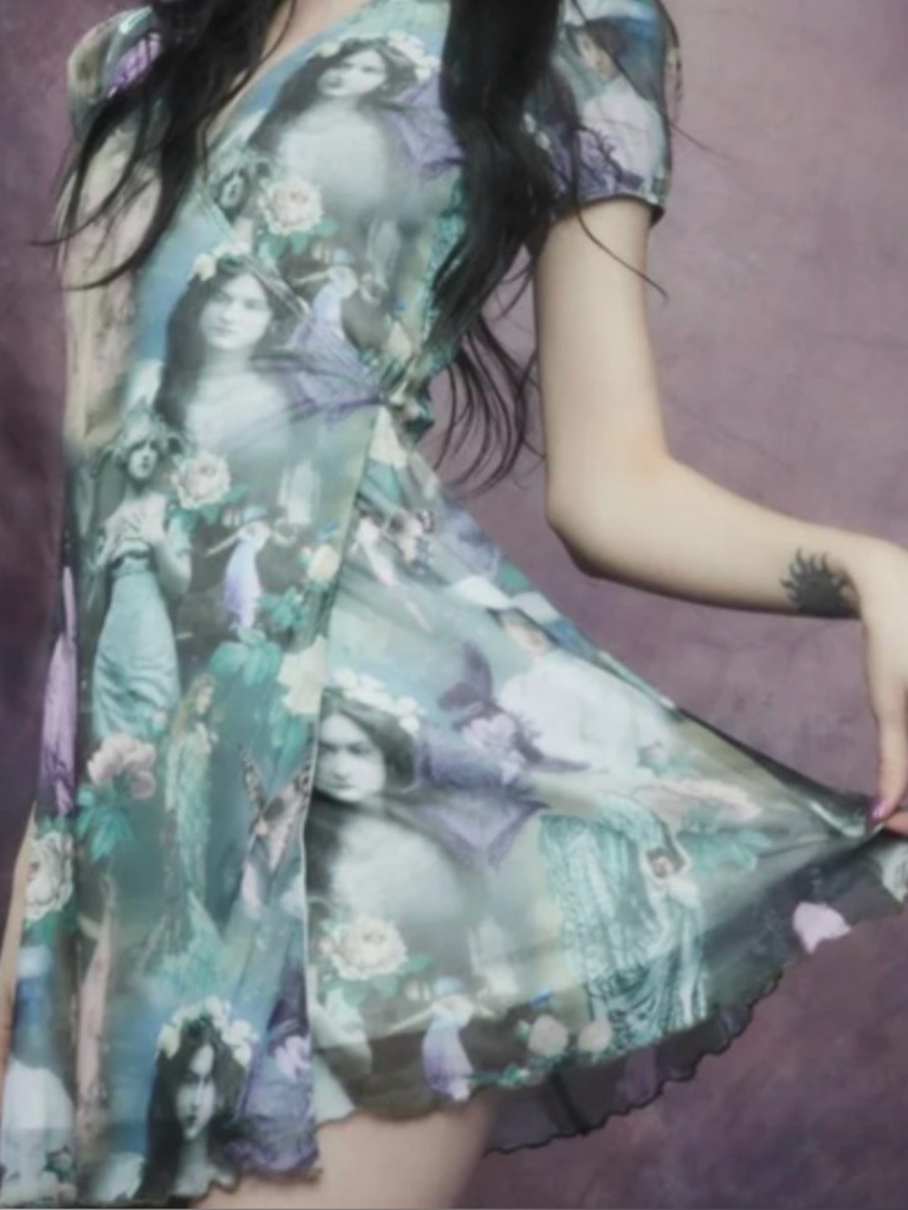 Dollskill Widow INK AND FEATHER PORTRAIT PRINT WRAP DRESS.